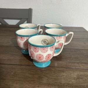 The Pioneer Woman Footed Mugs – Set of 5 – Red Starburst & Turquoise Trim
